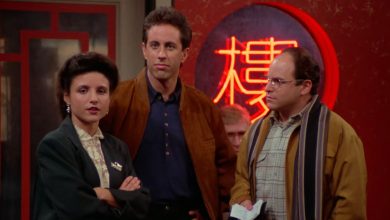 Elaine Benes, Jerry Seinfeld dan George Costanza menunggu di sebuah restoran Cina di Seinfeld