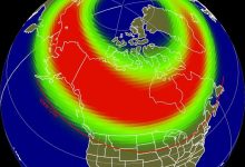 Peta ramalan aurora di Amerika Utara dengan garis tampilan yang membentang ke AS yang berdekatan