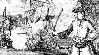 Ilustrasi hitam dan putih Henry setiap berdiri di pantai saat sebuah kapal ditangkap di belakangnya