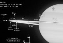 Foto hitam dan putih Saturnus dengan semua bulan yang dijelaskan selama transit Titan